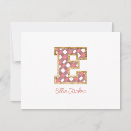 Rustiek & Preppy "E" Pink Gingham op Wood Girly Notitiekaartje (Voorkant)