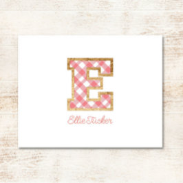 Rustiek & Preppy "E" Pink Gingham op Wood Girly Notitiekaartje
