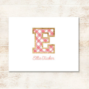 Rustiek & Preppy "E" Pink Gingham op Wood Girly Notitiekaartje