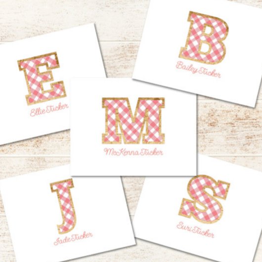 Rustiek & Preppy "E" Pink Gingham op Wood Girly Notitiekaartje