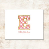 Rustiek & Preppy "E" Pink Gingham op Wood Girly Notitiekaartje
