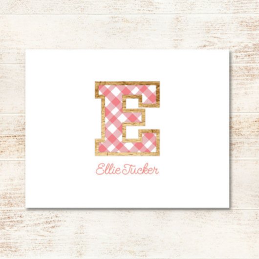 Rustiek & Preppy "E" Pink Gingham op Wood Girly Notitiekaartje