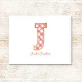 Rustiek & Preppy "J" Pink Gingham op Wood Girly Notitiekaartje