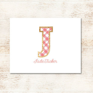 Rustiek & Preppy "J" Pink Gingham op Wood Girly Notitiekaartje