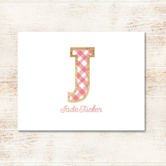 Rustiek & Preppy "J" Pink Gingham op Wood Girly Notitiekaartje