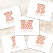 Rustiek & Preppy "J" Pink Gingham op Wood Girly Notitiekaartje