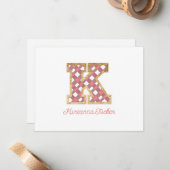 Rustiek & Preppy "K" Pink Gingham op Wood Girly Notitiekaartje (Voorkant / Achterkant in situ)