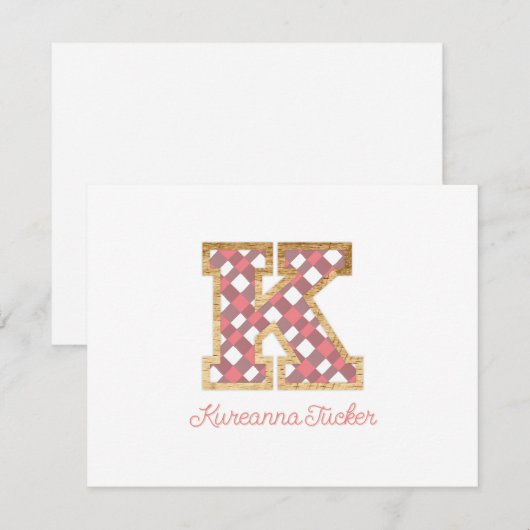 Rustiek & Preppy "K" Pink Gingham op Wood Girly Notitiekaartje (Voorkant / Achterkant)