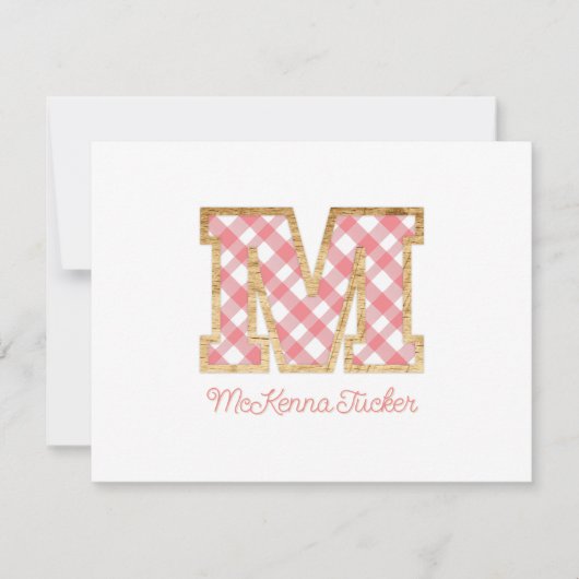 Rustiek & Preppy "M" Pink Gingham op Wood Girly Notitiekaartje (Voorkant)