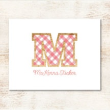 Rustiek & Preppy "M" Pink Gingham op Wood Girly