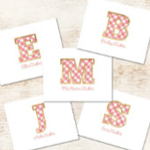 Rustiek & Preppy "M" Pink Gingham op Wood Girly Notitiekaartje