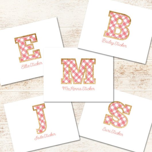 Rustiek & Preppy "M" Pink Gingham op Wood Girly Notitiekaartje