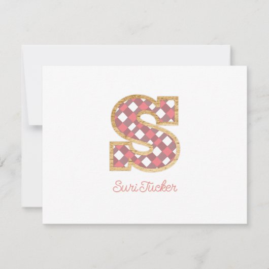 Rustiek Preppy Monogram "S" Roze Gingham Wood Meis Notitiekaartje (Voorkant)
