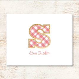 Rustiek Preppy Monogram "S" Roze Gingham Wood Meis Notitiekaartje