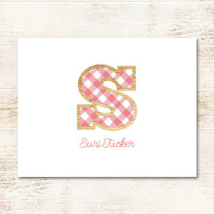 Rustiek Preppy Monogram "S" Roze Gingham Wood Meis Notitiekaartje