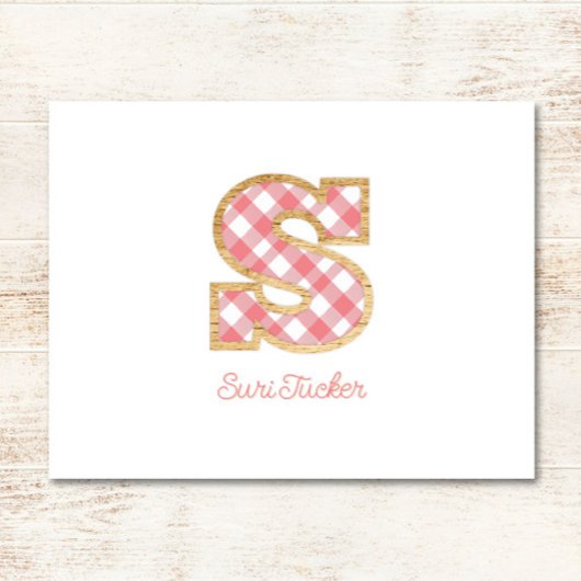 Rustiek Preppy Monogram "S" Roze Gingham Wood Meis Notitiekaartje