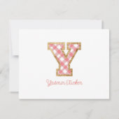 Rustiek & Preppy "Y" Roze Gingham op Hout Girly Notitiekaartje (Voorkant)