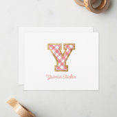 Rustiek & Preppy "Y" Roze Gingham op Hout Girly Notitiekaartje (Voorkant / Achterkant in situ)