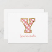 Rustiek & Preppy "Y" Roze Gingham op Hout Girly Notitiekaartje (Voorkant / Achterkant)