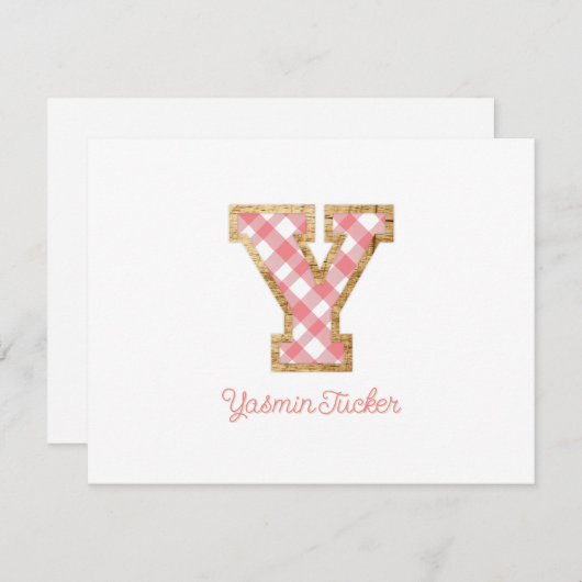 Rustiek & Preppy "Y" Roze Gingham op Hout Girly Notitiekaartje (Voorkant / Achterkant)