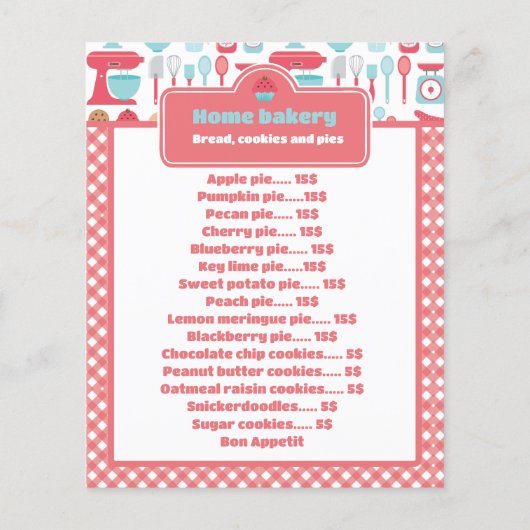 Rustiek Red Gingham Bakkerij Menu & prijslijst (Achterkant)