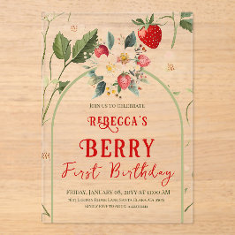 Rustiek Red Strawberry Theme Berry Eerste Verjaard Acryl Uitnodigingen
