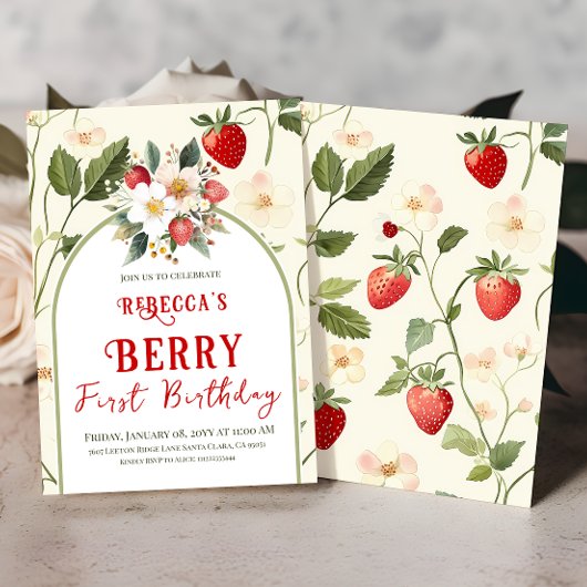 Rustiek Red Strawberry Theme Berry Eerste Verjaard Kaart