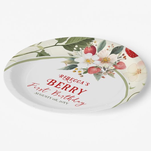 Rustiek Red Strawberry Theme Berry Eerste Verjaard Papieren Bordje (Gekanteld)