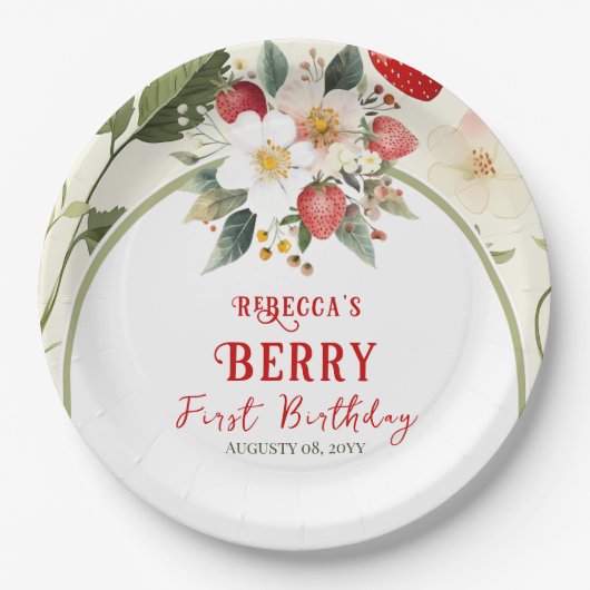 Rustiek Red Strawberry Theme Berry Eerste Verjaard Papieren Bordje (Voorkant)
