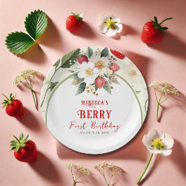 Rustiek Red Strawberry Theme Berry Eerste Verjaard Papieren Bordje
