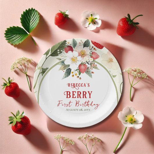 Rustiek Red Strawberry Theme Berry Eerste Verjaard Papieren Bordje