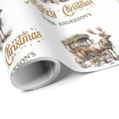 Rustiek rendier en slee groen en goud chic cadeaupapier (Rol Hoek)