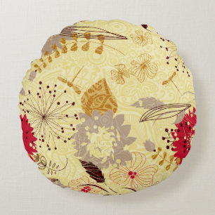 Rustiek retro bloemenpatroon beige en rood rond kussen