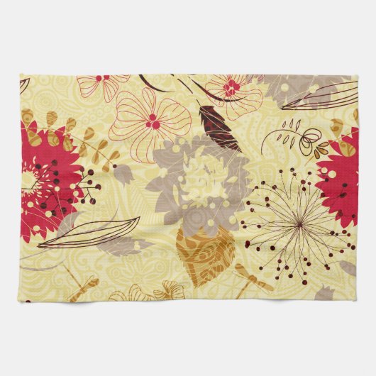 Rustiek retro bloemenpatroon beige en rood theedoek (Horizontaal)