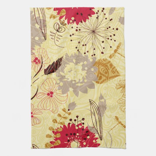 Rustiek retro bloemenpatroon beige en rood theedoek (Verticaal)