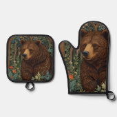 Rustiek retro bruin beer ovenwant & pannenlap set (Voorkant)