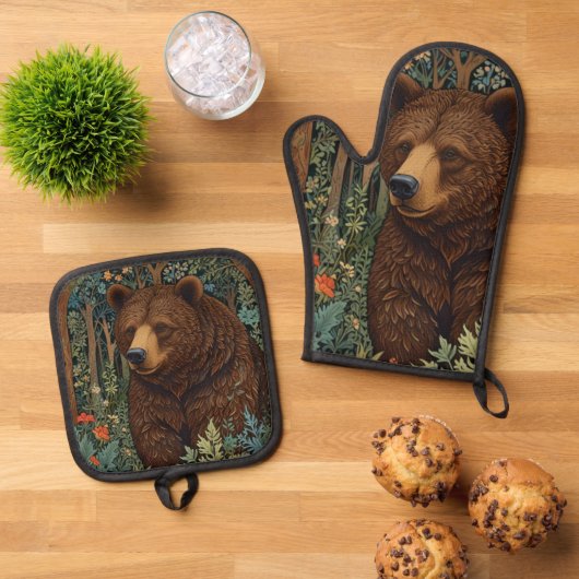 Rustiek retro bruin beer ovenwant & pannenlap set (Top down)