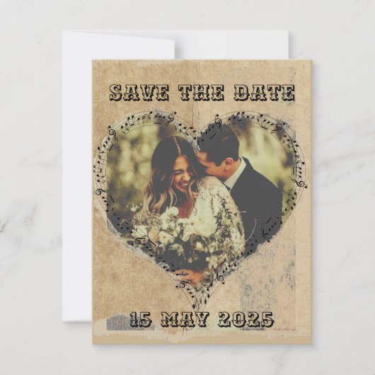 Rustiek Retro Script met Musical Notes Heart lijst Save The Date (Voorkant)