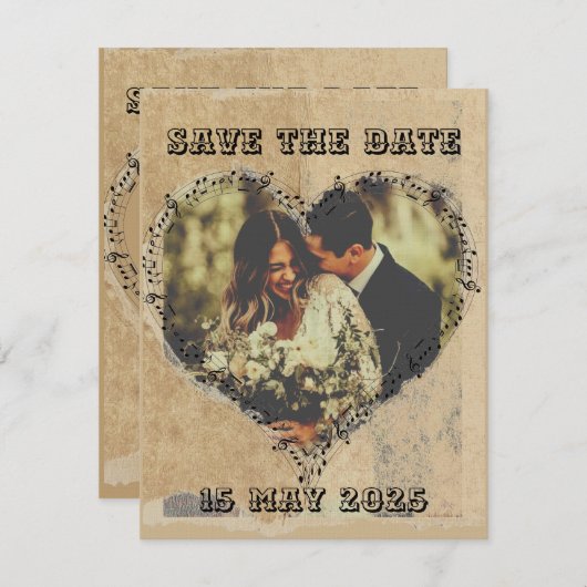 Rustiek Retro Script met Musical Notes Heart lijst Save The Date (Voorkant / Achterkant)