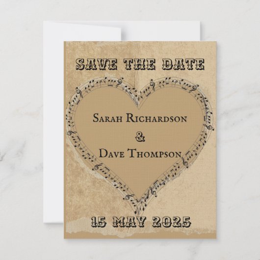 Rustiek Retro Script met Musical Notes Heart lijst Save The Date (Achterkant)
