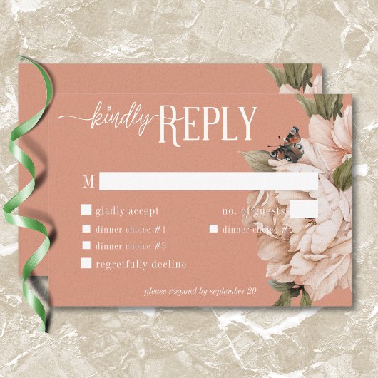 rustiek roest & perzik pioenrozen diner RSVP kaartje