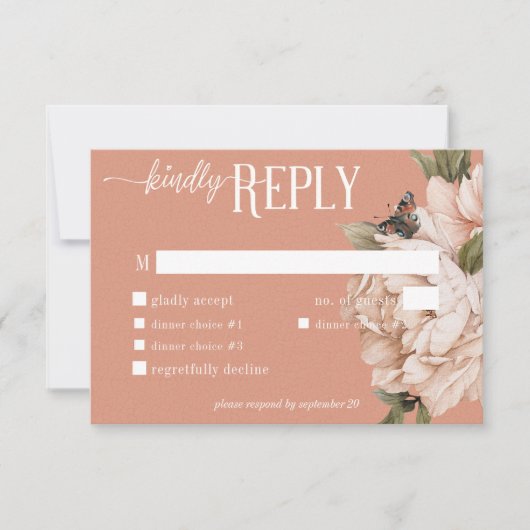  rustiek roest & perzik pioenrozen diner RSVP kaartje (Voorkant)