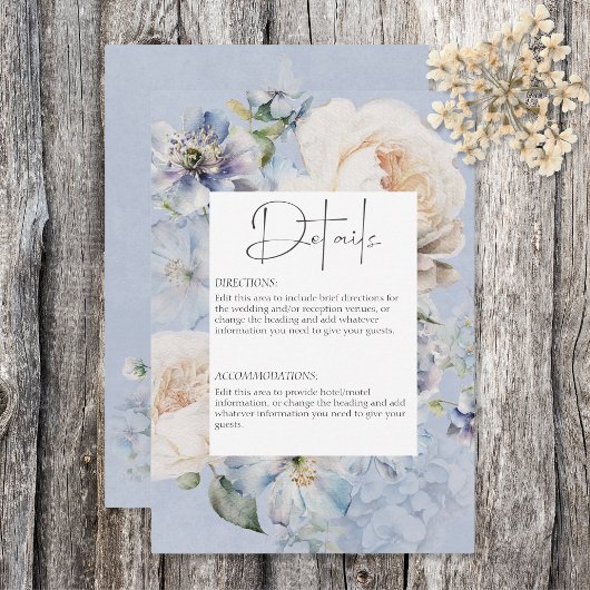 Rustiek Romantisch Dusty Blauw Wit Bloemen Details Informatiekaartje