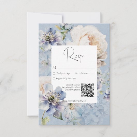 Rustiek Romantisch Dusty Blauw Wit Bloemen RSVP Kaartje (Voorkant)