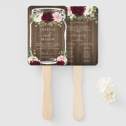 Rustiek Romantisch Groen Mason Jar Trouwprogramma Handwaaier (Voorkant en achterkant)