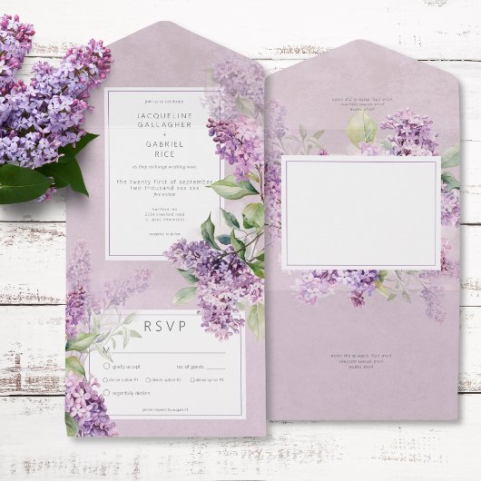 Rustiek Romantisch Paarse & Sage Lilacs Diner All In One Uitnodiging