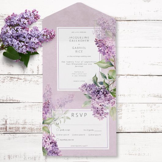 Rustiek Romantisch Paarse & Sage Lilacs Diner All In One Uitnodiging