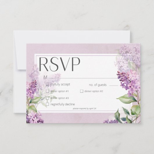 Rustiek Romantisch Paarse & Sage Lilacs Diner RSVP Kaartje (Voorkant)