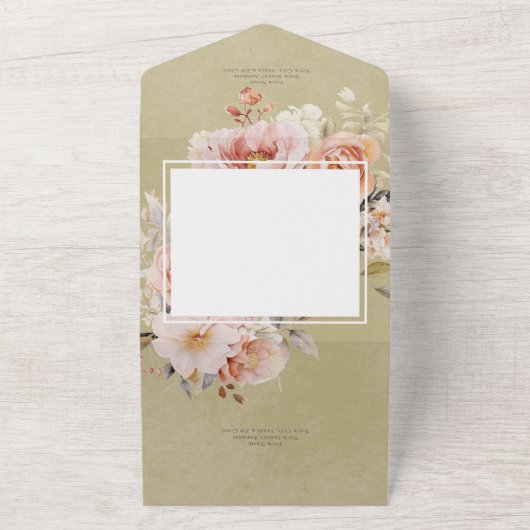 Rustiek Romantisch Roze & Blush Rozen Groen Diner All In One Uitnodiging (Buitenkant)