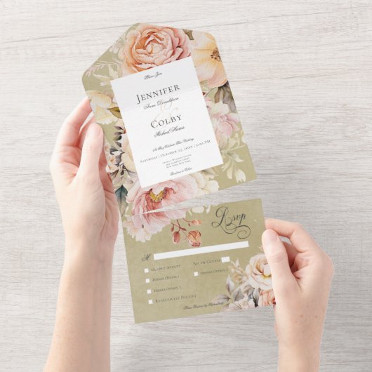 Rustiek Romantisch Roze & Blush Rozen Groen Diner All In One Uitnodiging (Afscheurbaar)